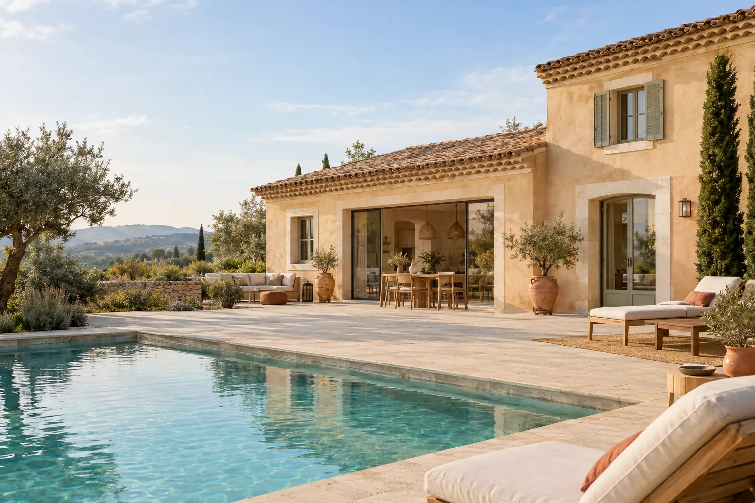 Extension de villa à l’identique, même toiture en tuile canal à génoise et mêmes encadrements, vue depuis la piscine