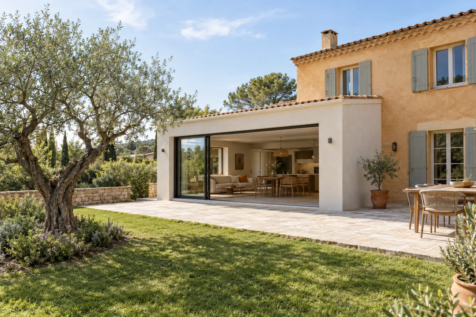 Maison provençale enduite agrandie d’une aile de plain-pied avec baie coulissante ouvrant sur une terrasse dallée et un olivier