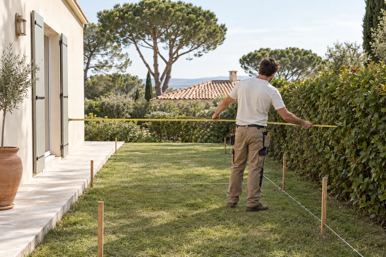 Artisan de dos mesurant au décamètre l’emplacement d’une future extension, piquets et cordeaux tendus sur la pelouse du jardin