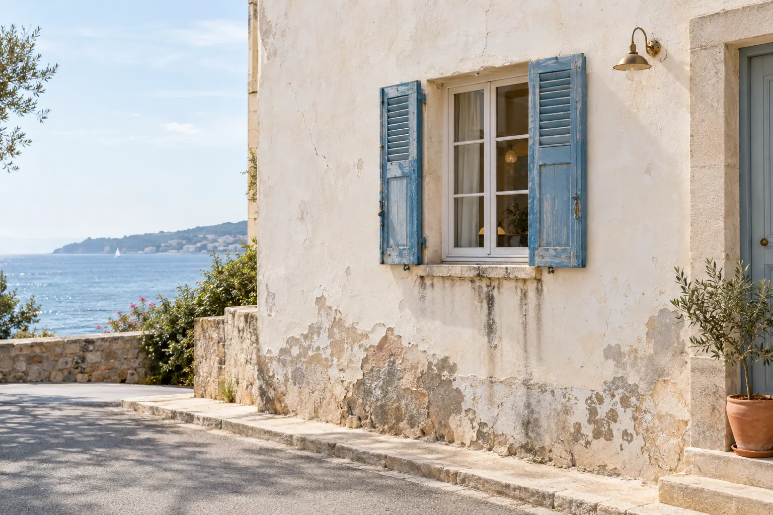 Façade de maison en bord de mer à l’enduit fissuré et écaillé, cloques dues au sel et coulures sous une fenêtre aux volets bleus