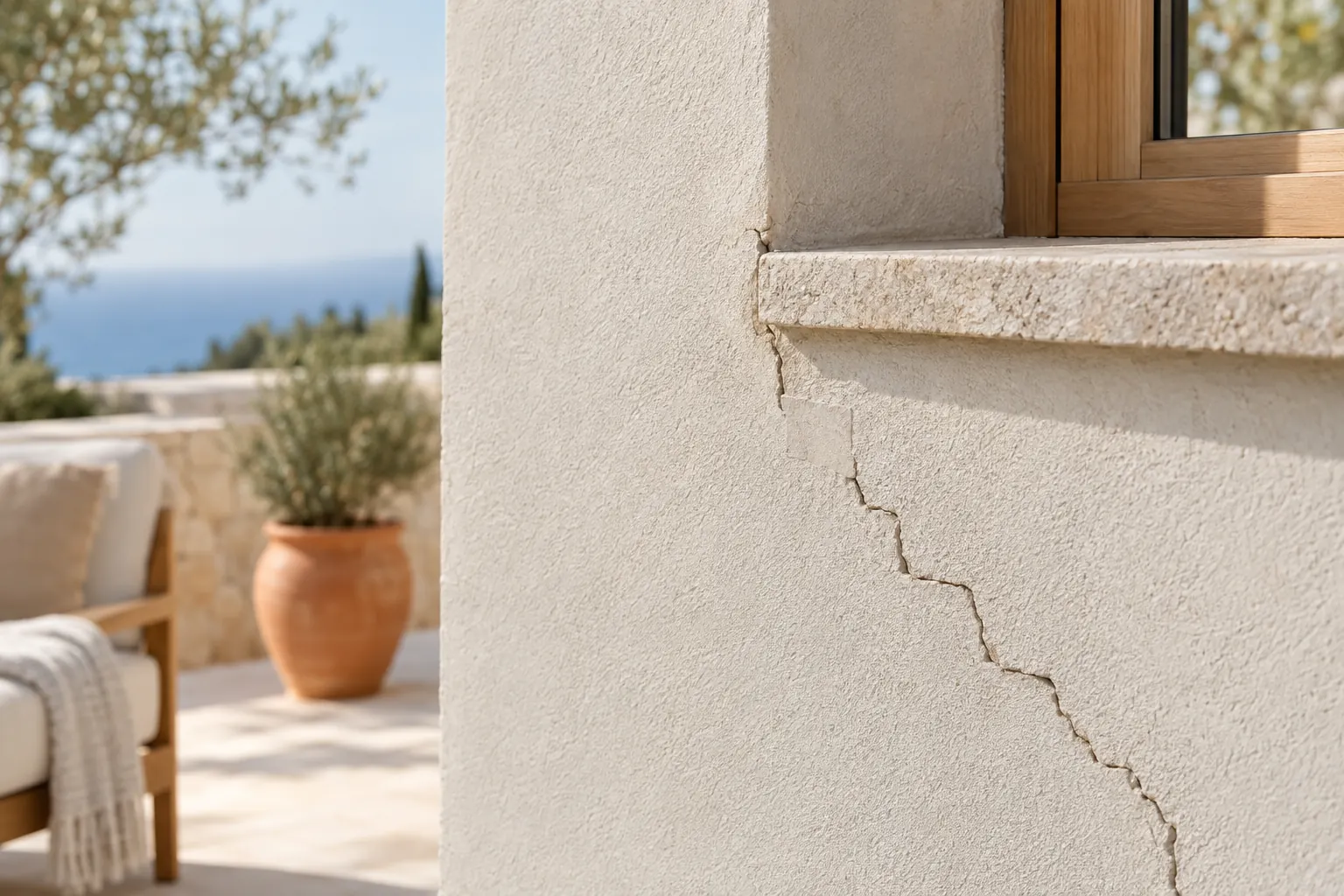 Gros plan sur une fissure en escalier partant de l’angle d’une fenêtre, témoin en plâtre posé en travers sur l’enduit de la villa
