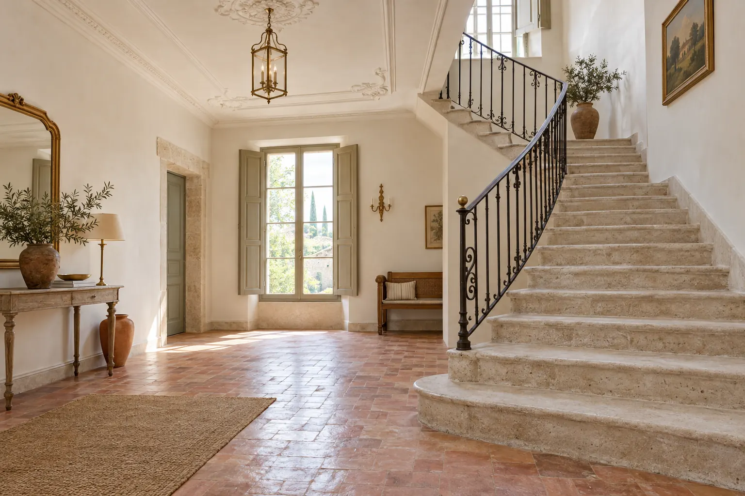 Escalier intérieur en pierre d’une bastide restaurée avec rampe en fer forgé, sol en terre cuite et gypseries au plafond