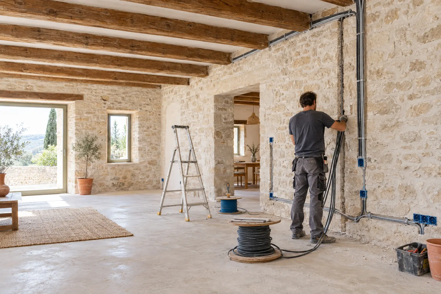 Électricien de dos tirant des câbles dans le logement d’une ferme en rénovation, entre murs en pierre et poutres conservées