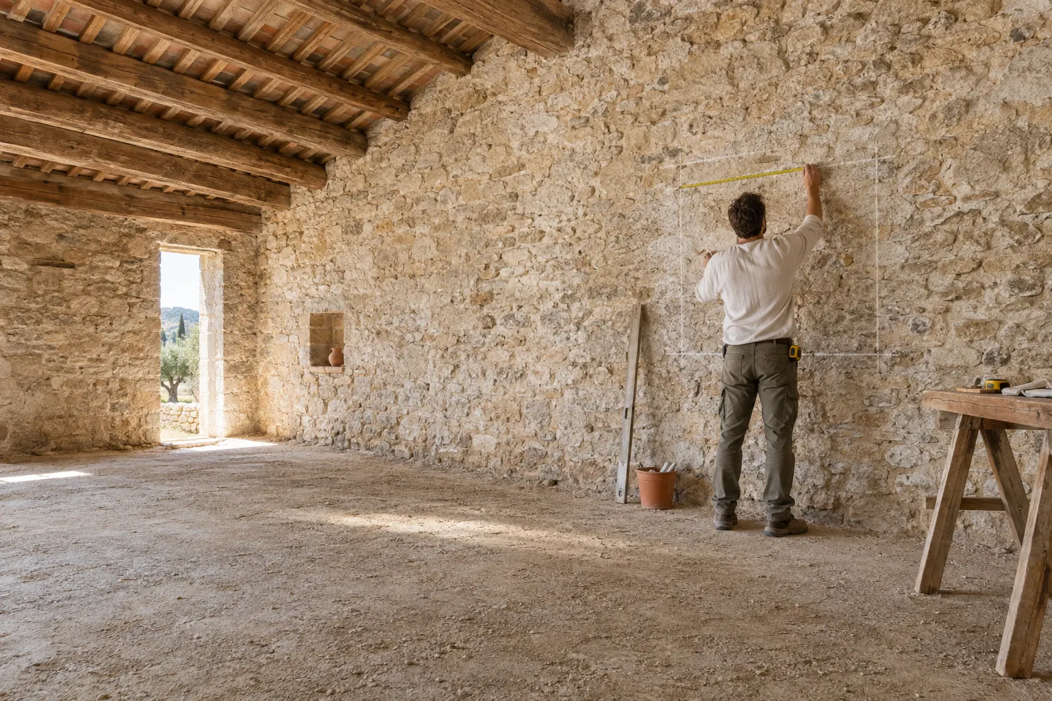 Intérieur d’une grange en pierre vide où un artisan de dos trace à la craie l’emplacement d’une future fenêtre