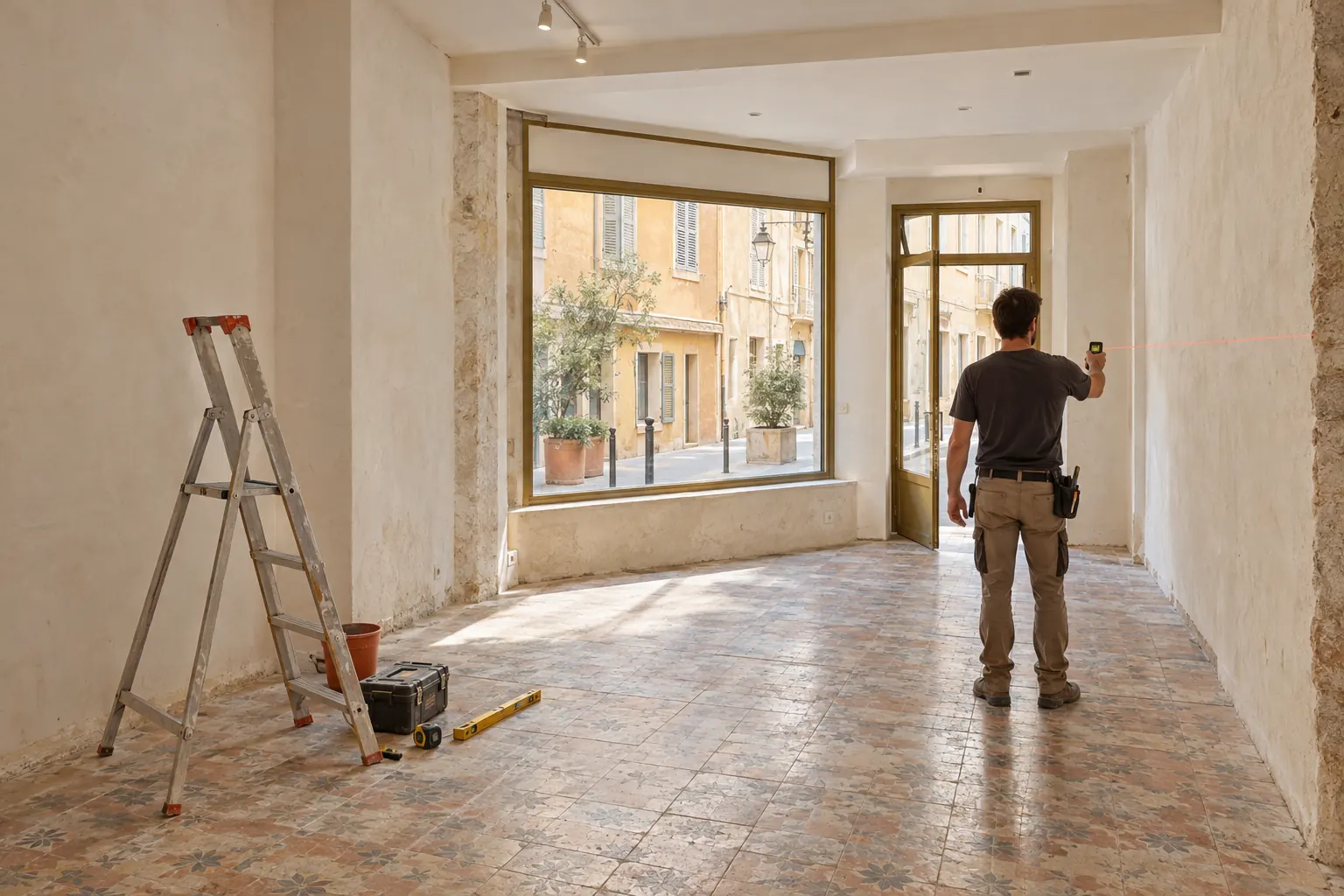 Local commercial vide en centre ancien de Toulon où un artisan de dos mesure la pièce avant les travaux d’aménagement