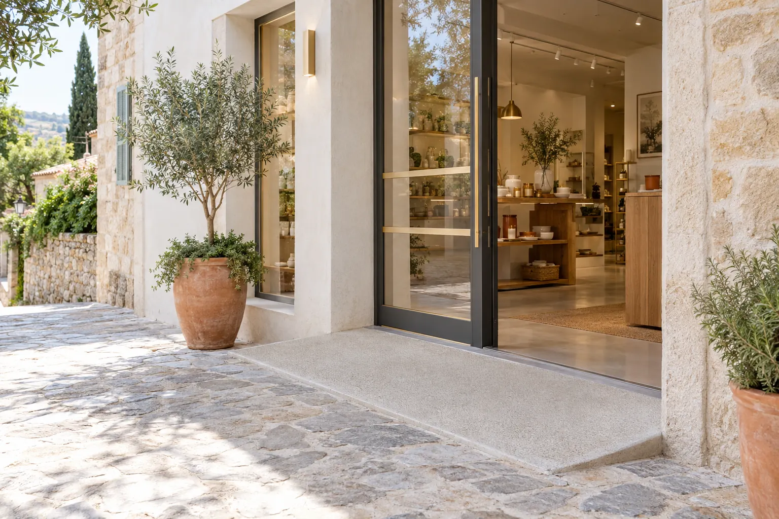 Entrée de boutique rendue accessible avec rampe douce à la place de la marche et large porte vitrée à bandes contrastées