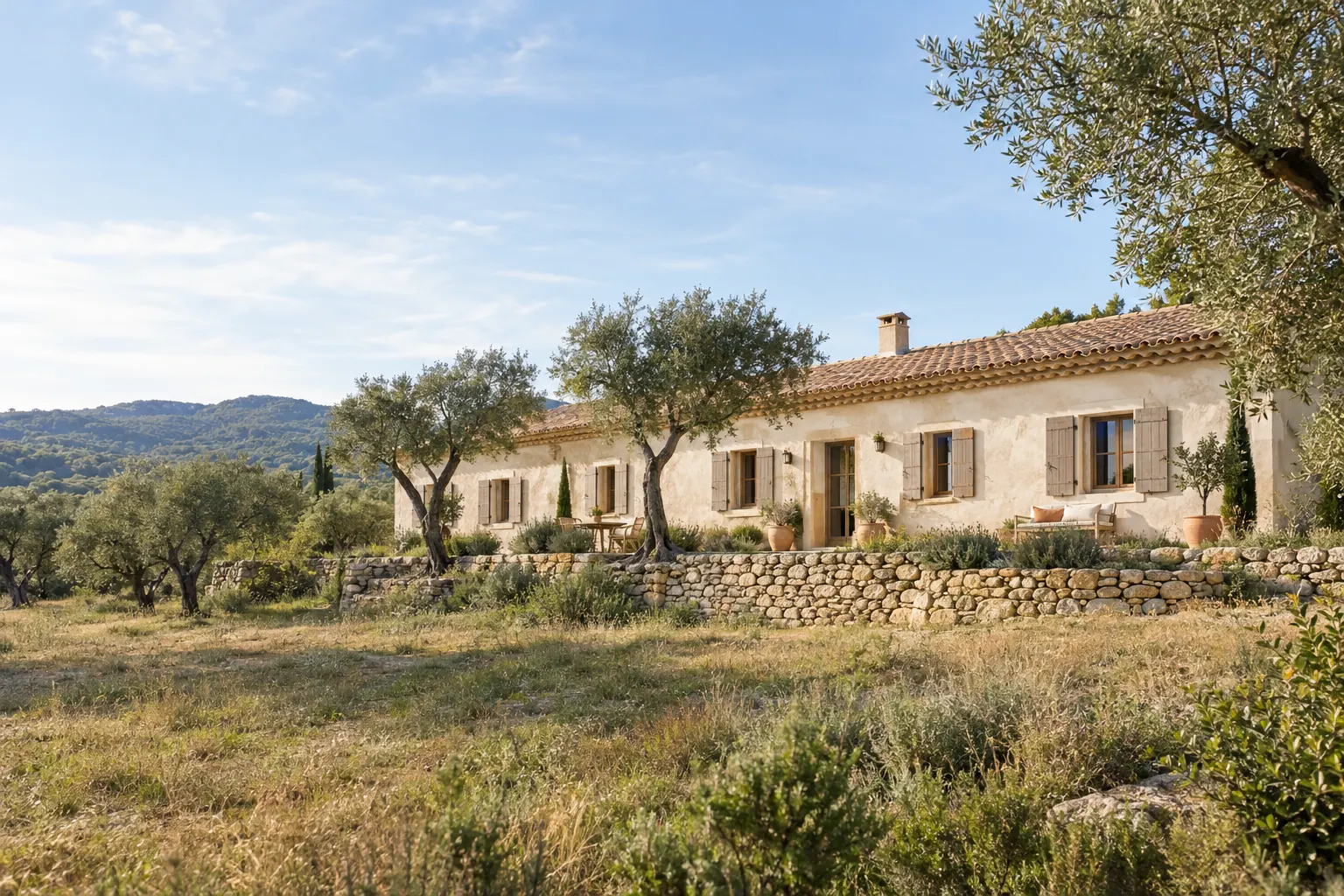 Maison rurale en pierre tout en longueur dans le centre du Var, façade sud à volets bois et toiture en tuiles canal