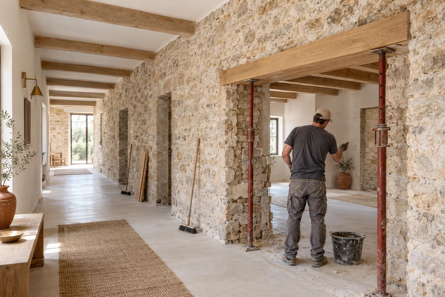 Nouveau couloir le long du mur nord d’une maison en longueur, avec percement neuf et linteau en chêne dans un refend