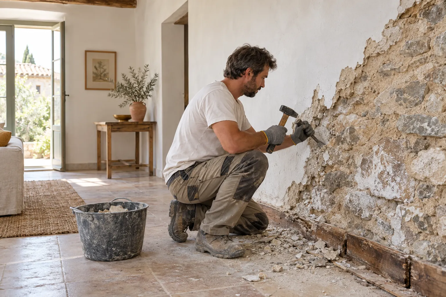 Bas de mur en pierre d’une maison ancienne avec salpêtre et enduit qui s’effrite, artisan de profil piquant l’enduit restant