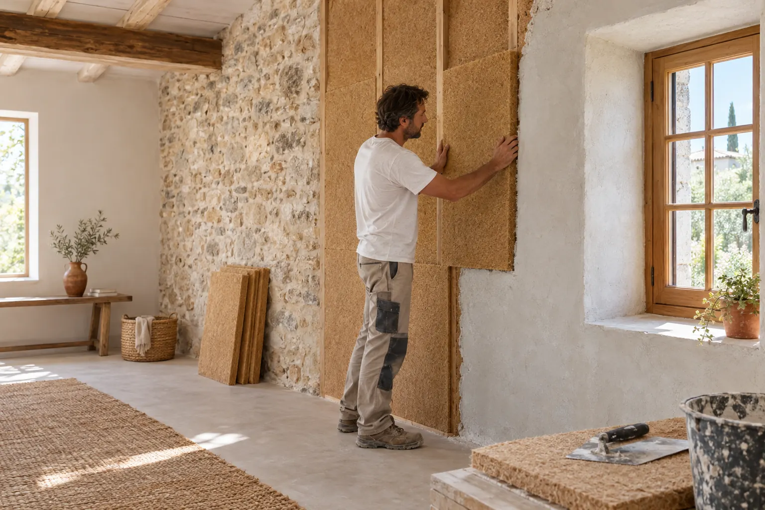 Pose de panneaux de fibre de bois contre un épais mur en pierre, à côté d’une fenêtre neuve en bois à petits bois