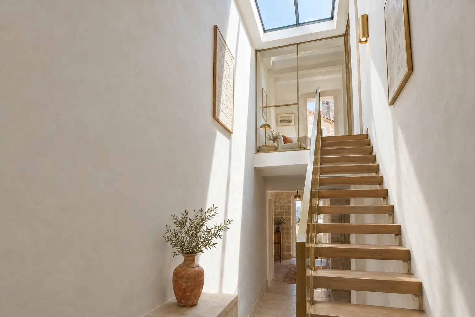 Cage d’escalier d’une maison de ville étroite éclairée par une verrière en toiture et une cloison vitrée sur le palier