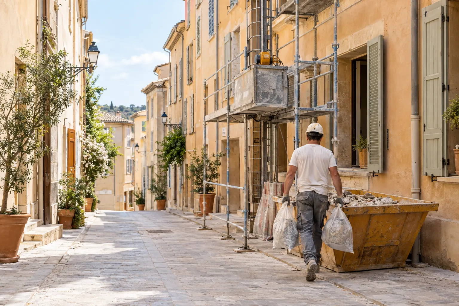 Ruelle de centre ancien avec échafaudage et monte-charge sur une façade de maison de ville, ouvrier de dos portant des gravats
