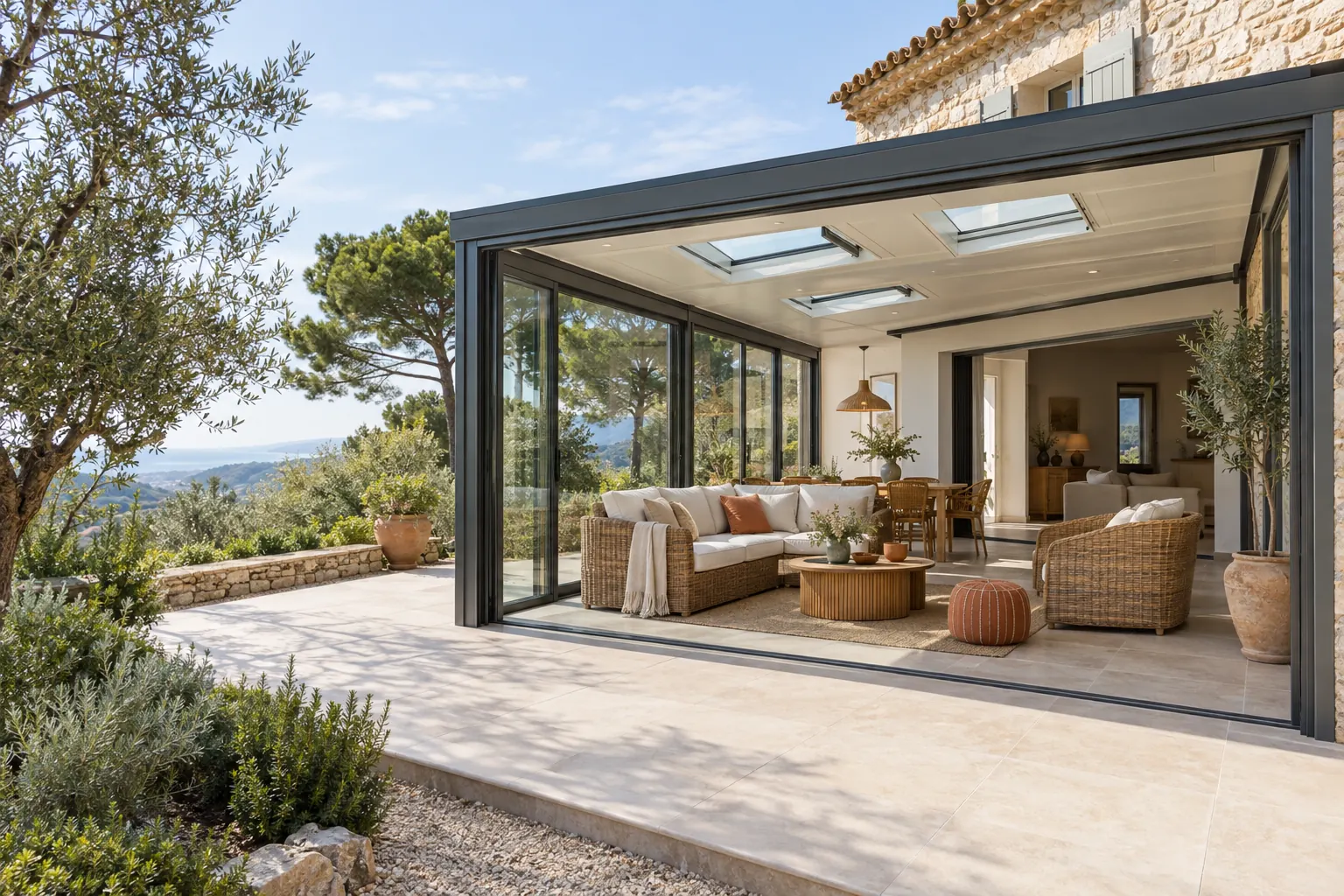 Véranda en aluminium anthracite accolée à une maison en pierre, toit isolé avec ouvrants et sol carrelé dans le prolongement du séjour