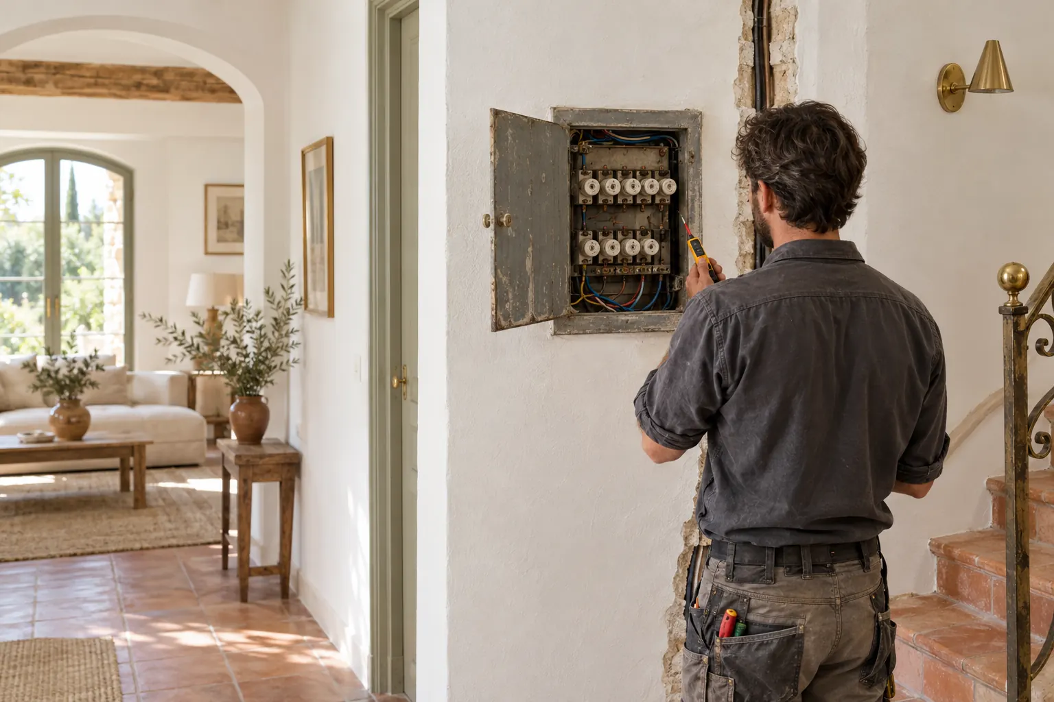 Artisan de dos contrôlant un ancien tableau électrique à fusibles dans le couloir d’une villa en cours de rénovation
