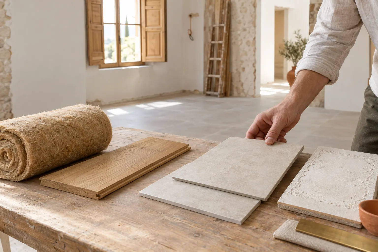 Échantillons de carrelage, de parquet chêne, d’isolant fibre de bois et d’enduit posés sur une table de chantier