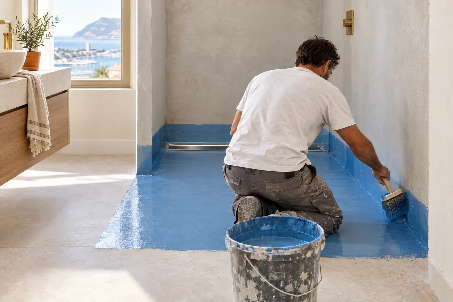 Carreleur de dos appliquant une membrane d’étanchéité liquide sur la chape en pente d’une douche à l’italienne, caniveau linéaire le long du mur