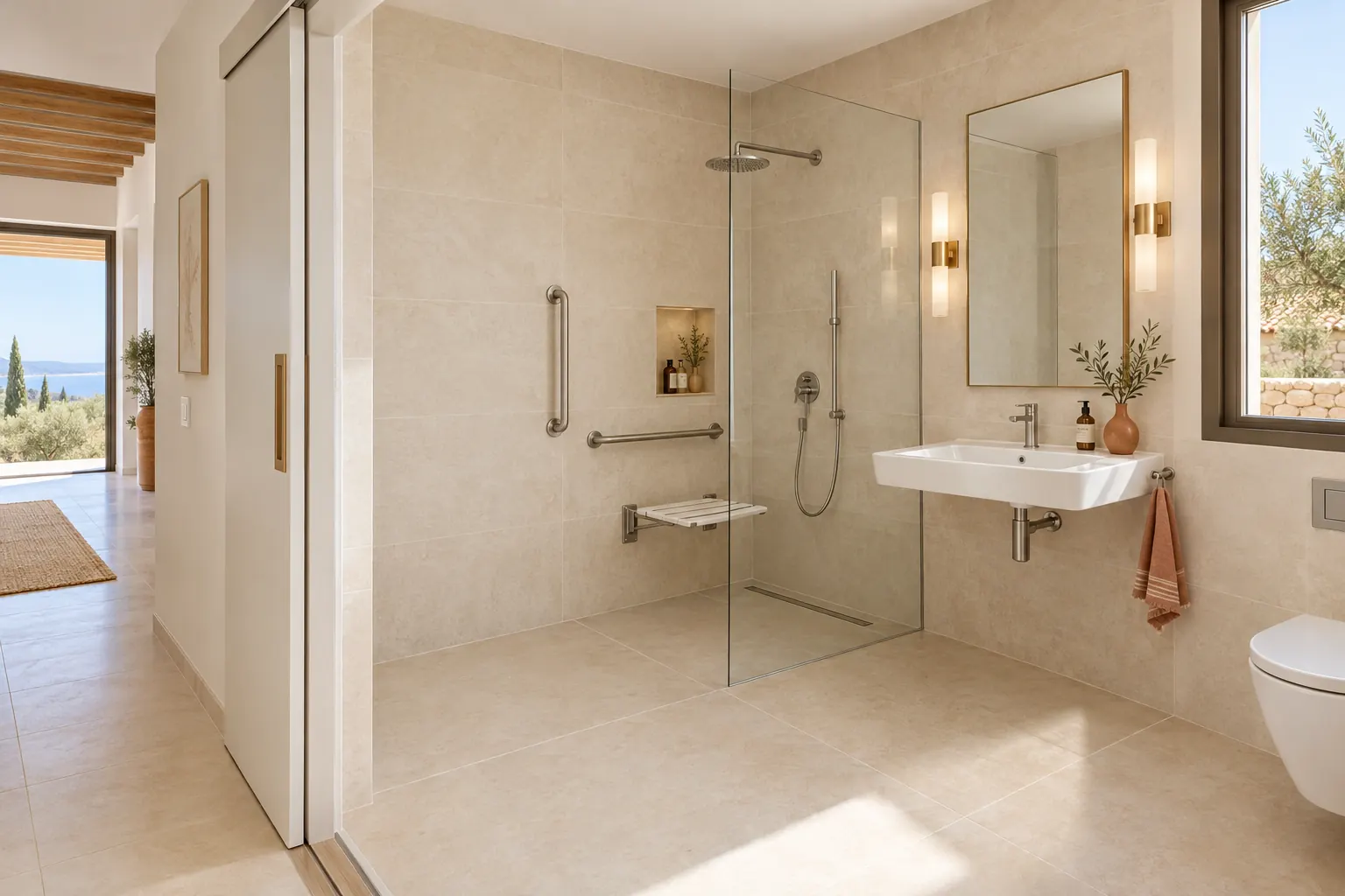 Salle de bain accessible avec douche de plain-pied, siège rabattable, barres d’appui et lavabo suspendu, porte coulissante élargie ouverte sur le couloir