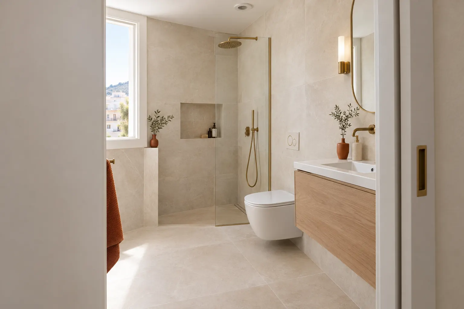 Petite salle de bain rénovée avec WC suspendu, meuble vasque peu profond, grands carreaux clairs du sol au plafond et niche maçonnée dans la douche