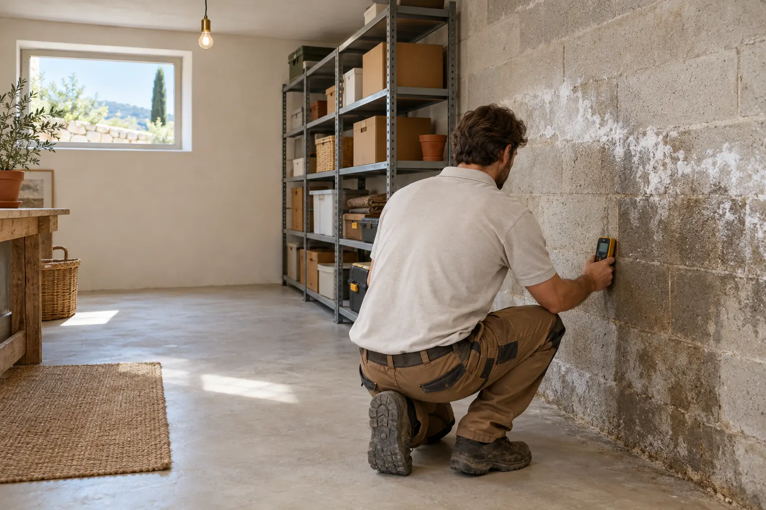Artisan de dos mesurant l’humidité d’un mur enterré de sous-sol marqué d’auréoles et de salpêtre, côté colline