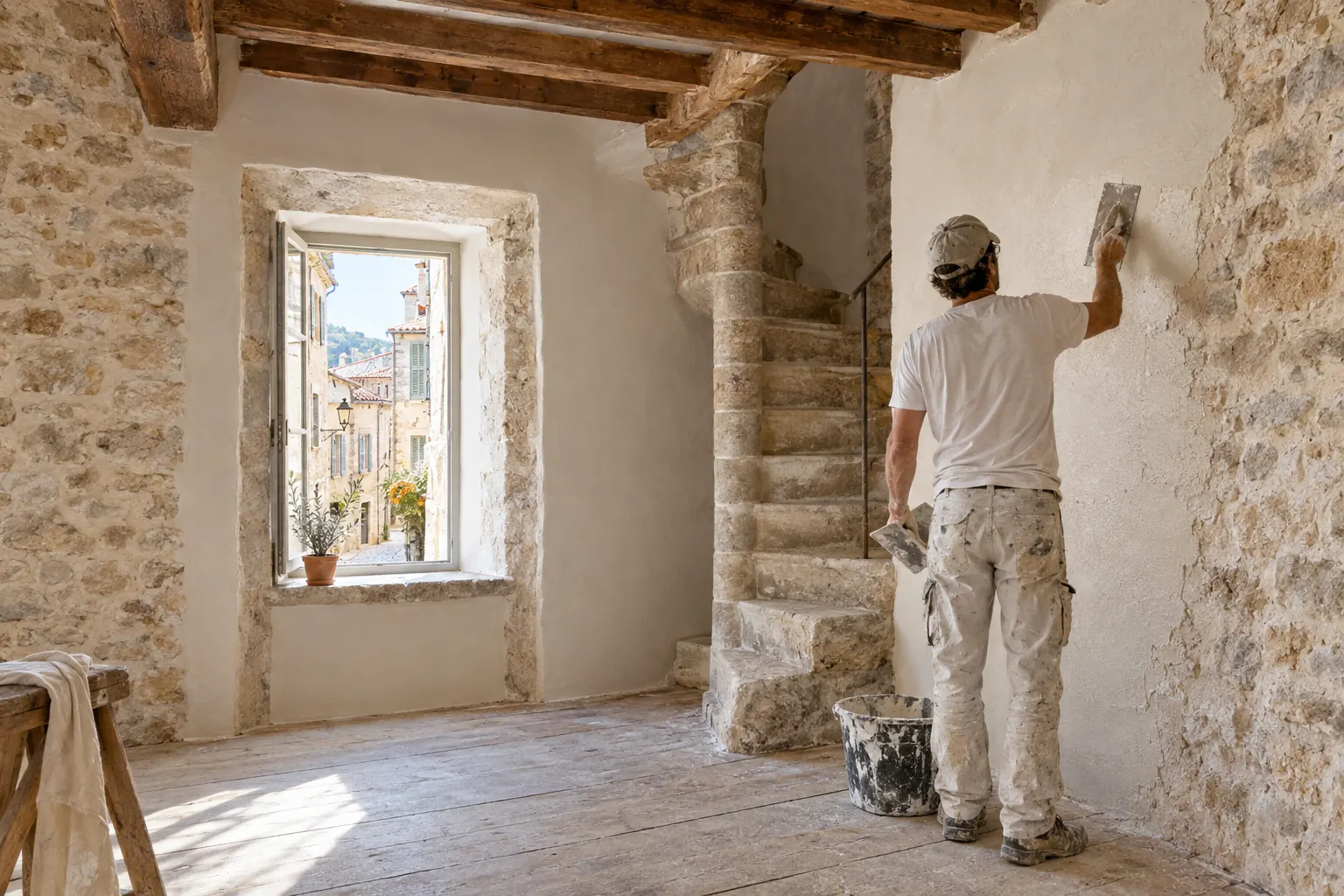 Maçon de dos enduisant à la chaux les murs en pierre d’une maison ancienne de la vieille ville d’Hyères, escalier tournant
