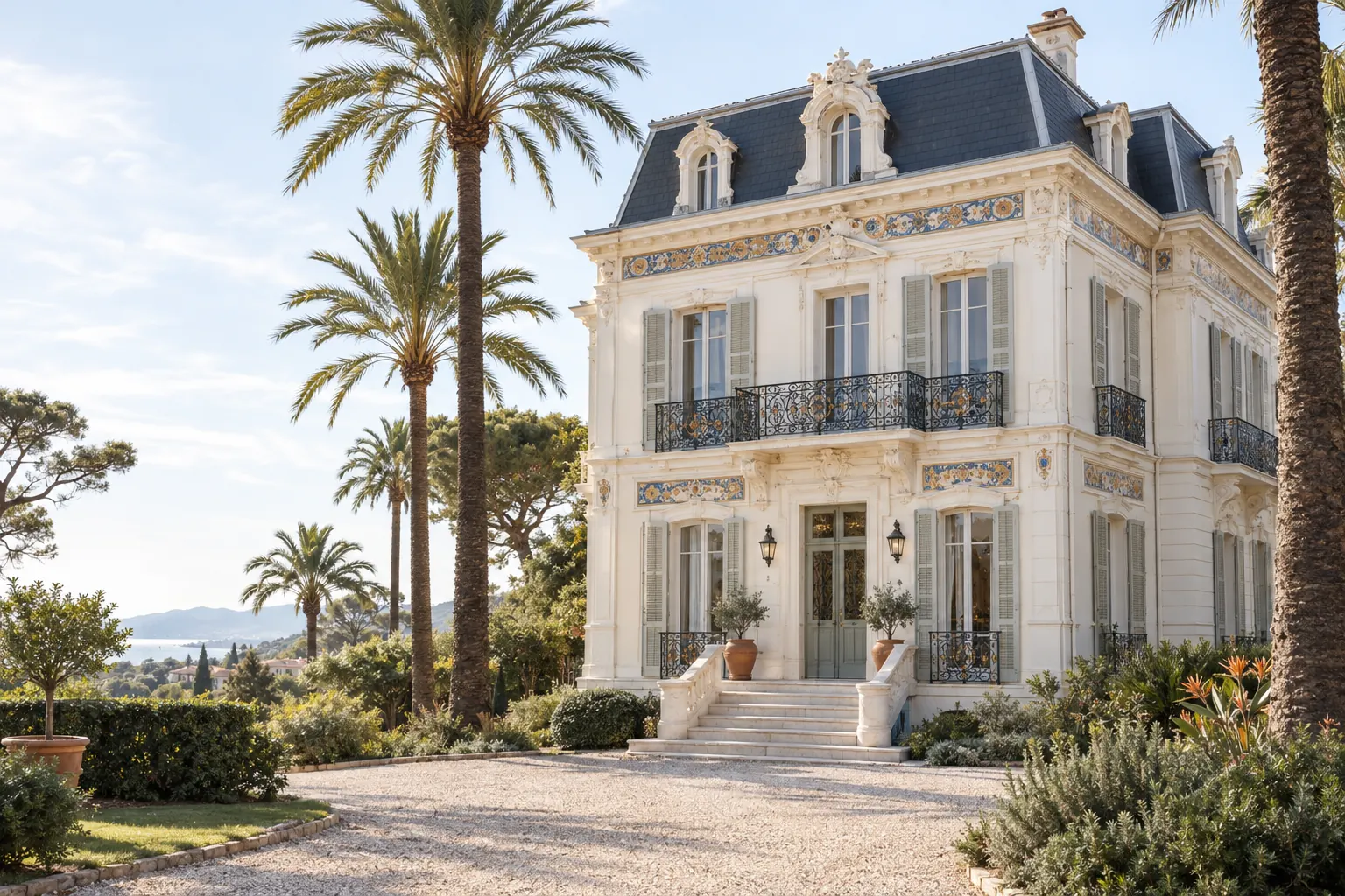 Villa Belle Époque restaurée à Hyères, frises en céramique, balcons en fer forgé et hauts palmiers dans le jardin