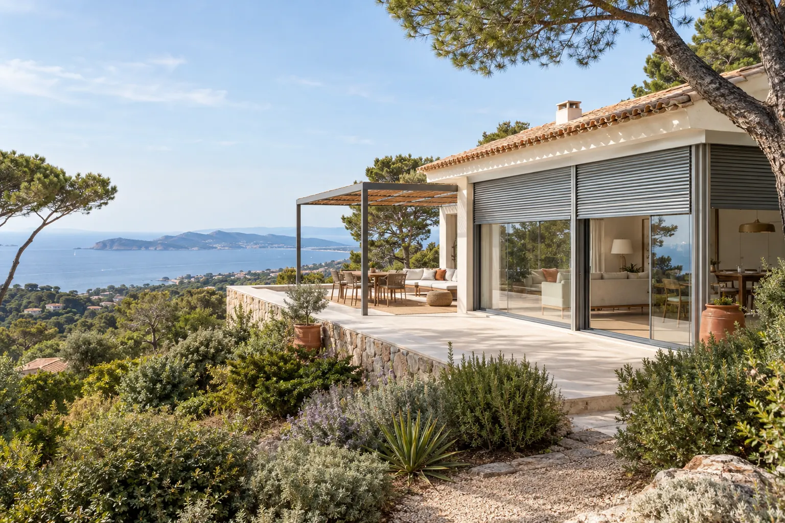 Villa des années 70 sur la colline de Costebelle, grandes baies au sud équipées de stores extérieurs et pergola sur la terrasse
