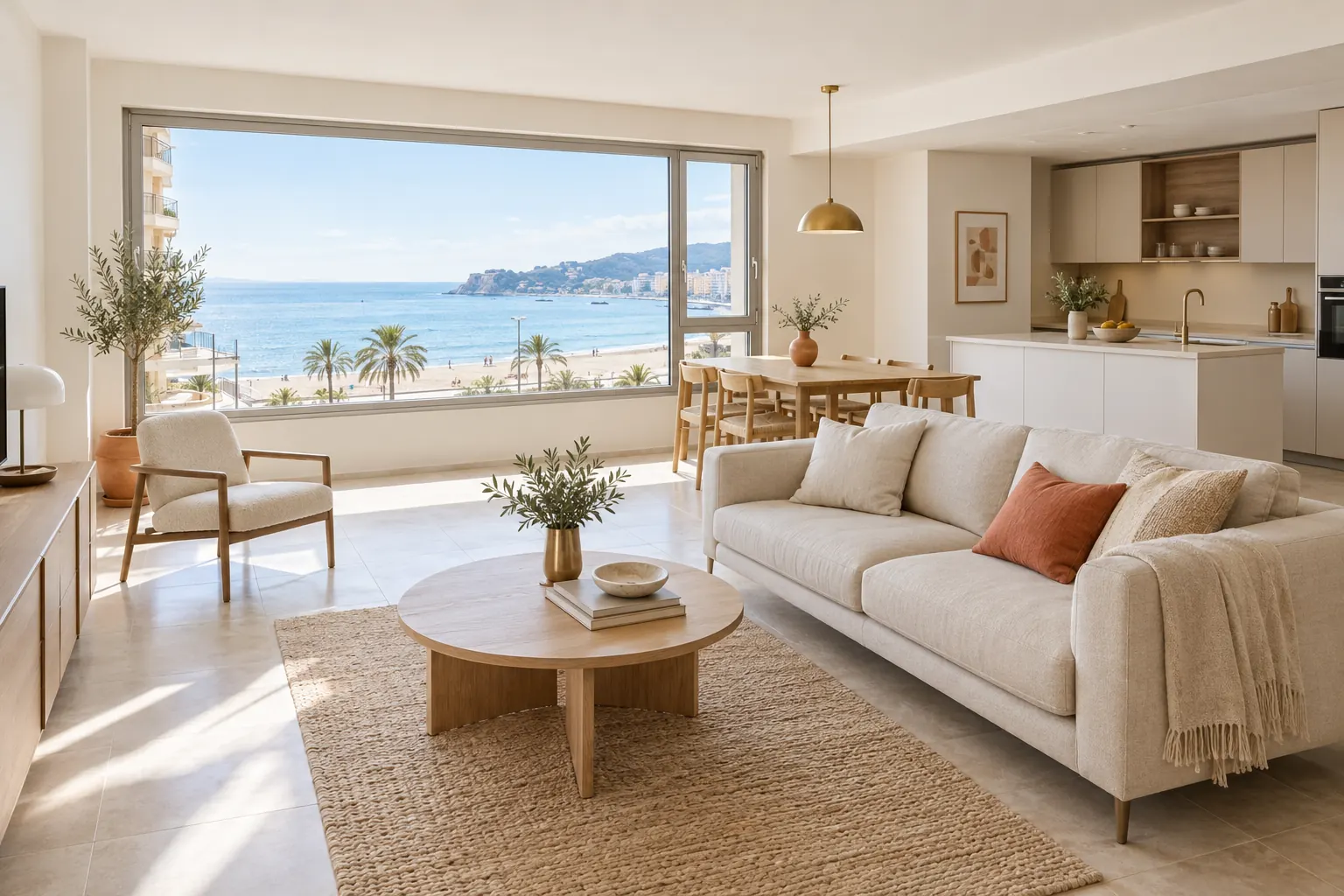 Appartement rénové du front de mer des Sablettes, séjour redistribué avec cuisine ouverte et grande fenêtre sur la plage
