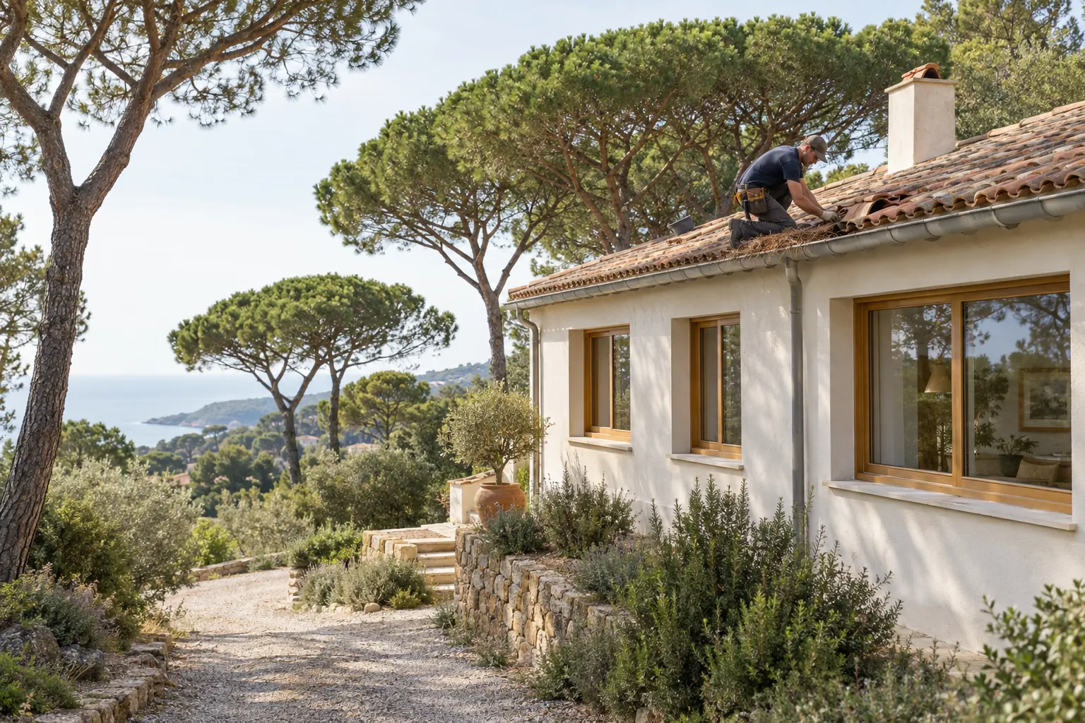 Couvreur de profil nettoyant la gouttière et remplaçant des tuiles canal sur une maison des années 70 sous les pins de Fabrégas