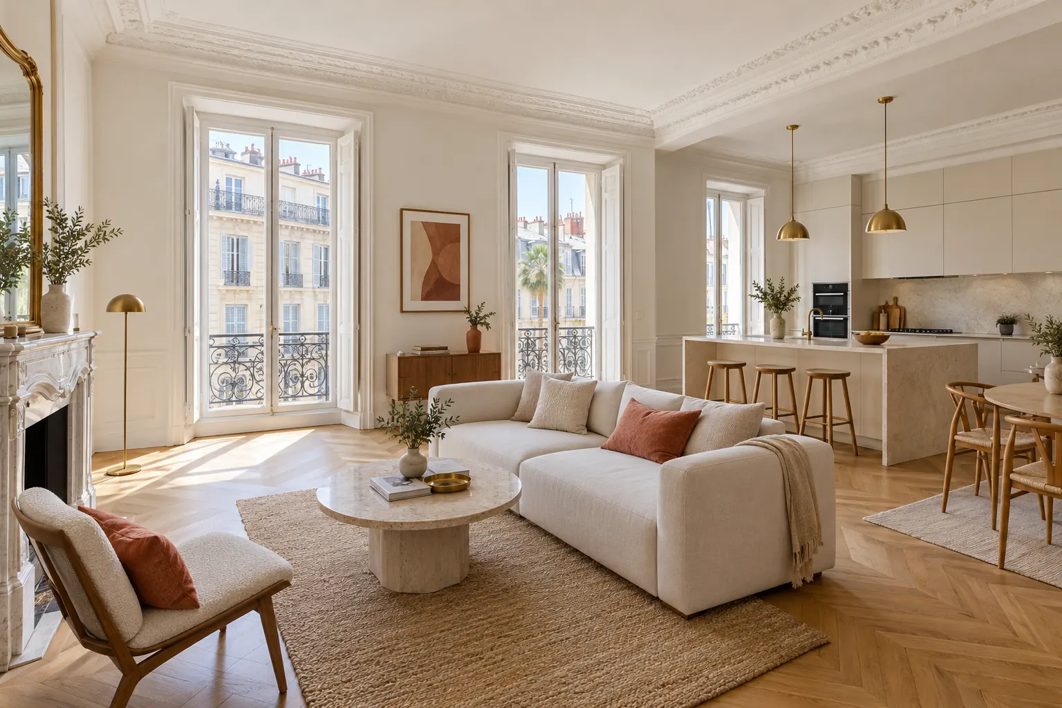 Appartement haussmannien rénové dans le centre de Toulon, moulures, parquet en chevrons et cuisine ouverte sur le séjour