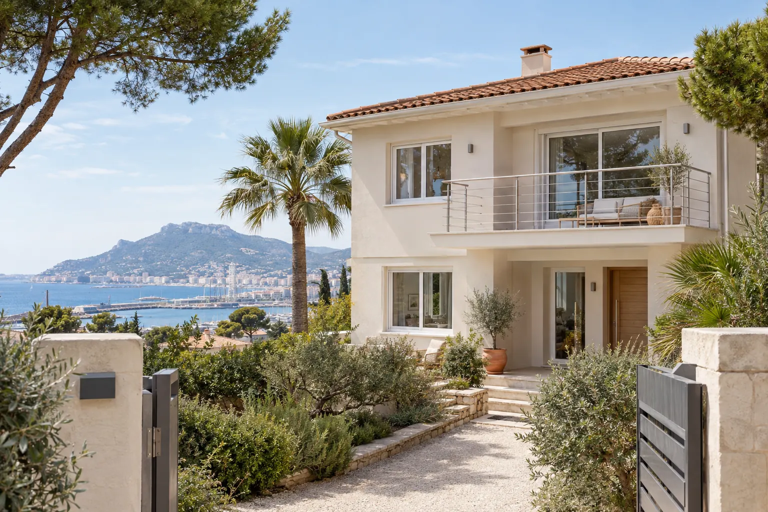 Villa des années 60 rénovée au Mourillon, enduit neuf, menuiseries aluminium blanches et terrasse avec garde-corps inox