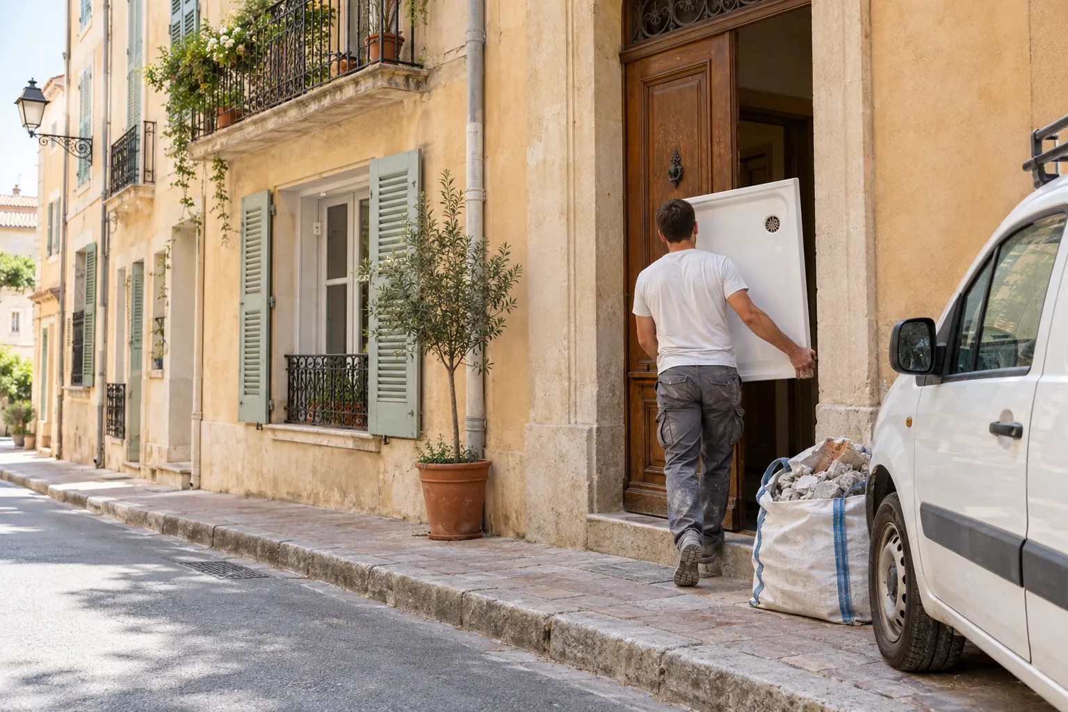 Ouvrier de dos portant un receveur de douche dans l’entrée d’un immeuble ancien d’une ruelle du centre de Toulon